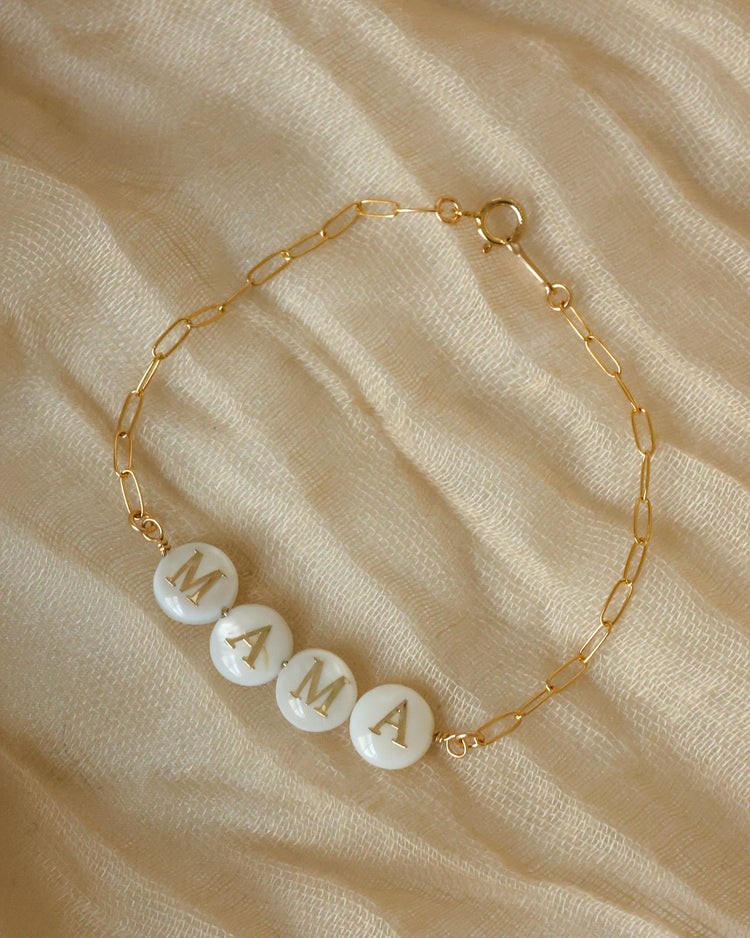Gold-Filled “MAMA” Shell Bead Bracelet